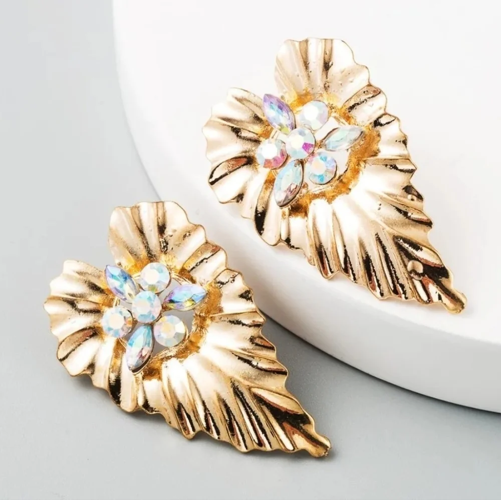 Stainless steel gold tone leaf crystal earrings